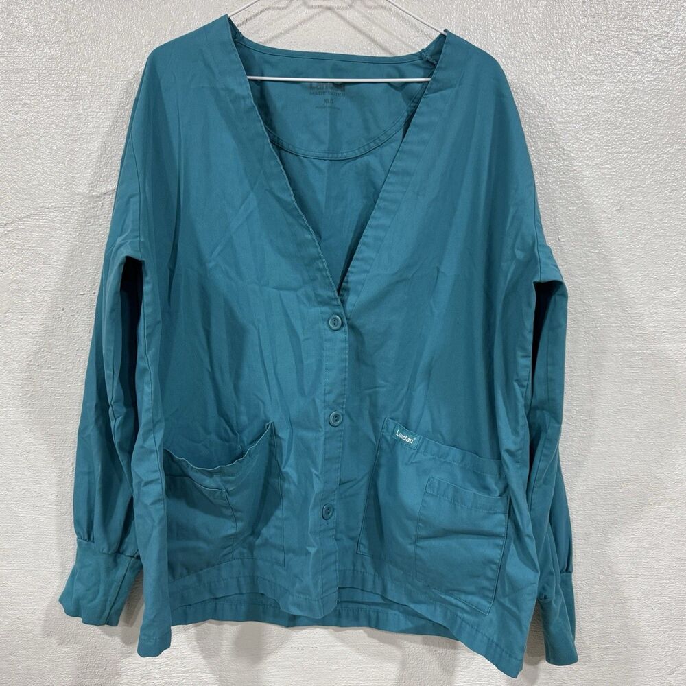 Landau Women's XL Teal Scrub Jacket Medical Uniform Warm-Up Top V-Neck Pockets